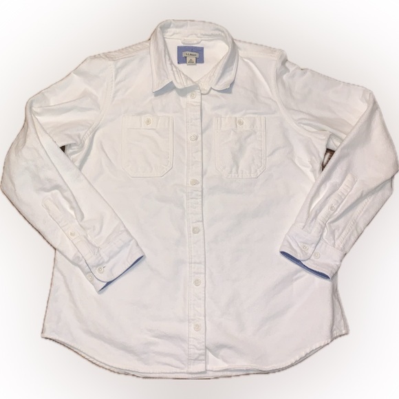 L.L. Bean Tops - LL Bean White Button-Up Flannel Relaxed Fit Over Shirt Chambray Accents M